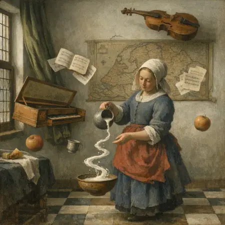Music Lesson, Zero G — Dutch Golden Age domestic interior × zero gravity