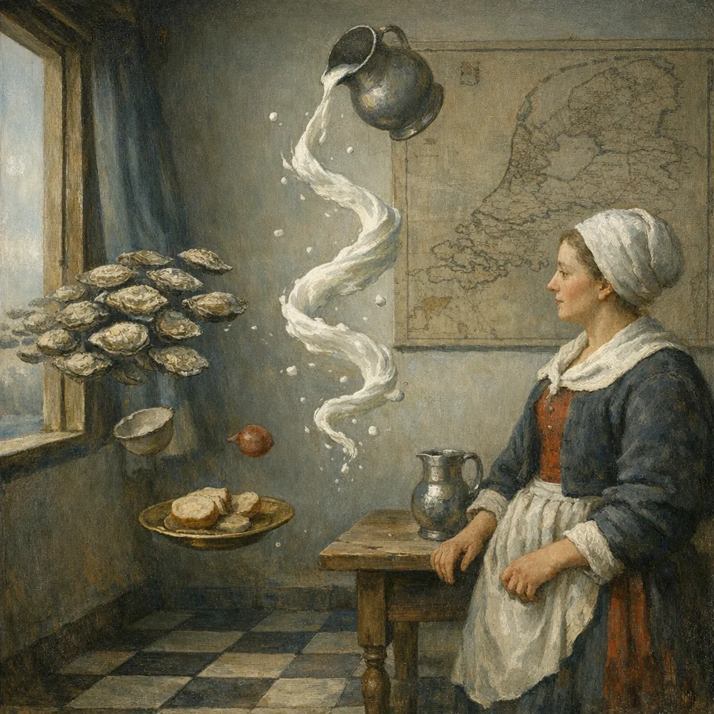 Oyster Shoal — Dutch Golden Age domestic interior × zero gravity