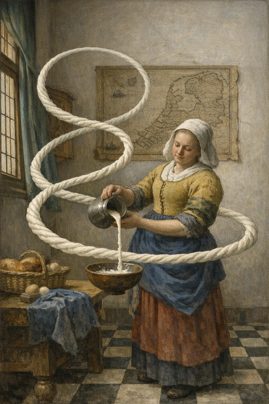 The Milkmaid Pour — Dutch Golden Age domestic interior × zero gravity