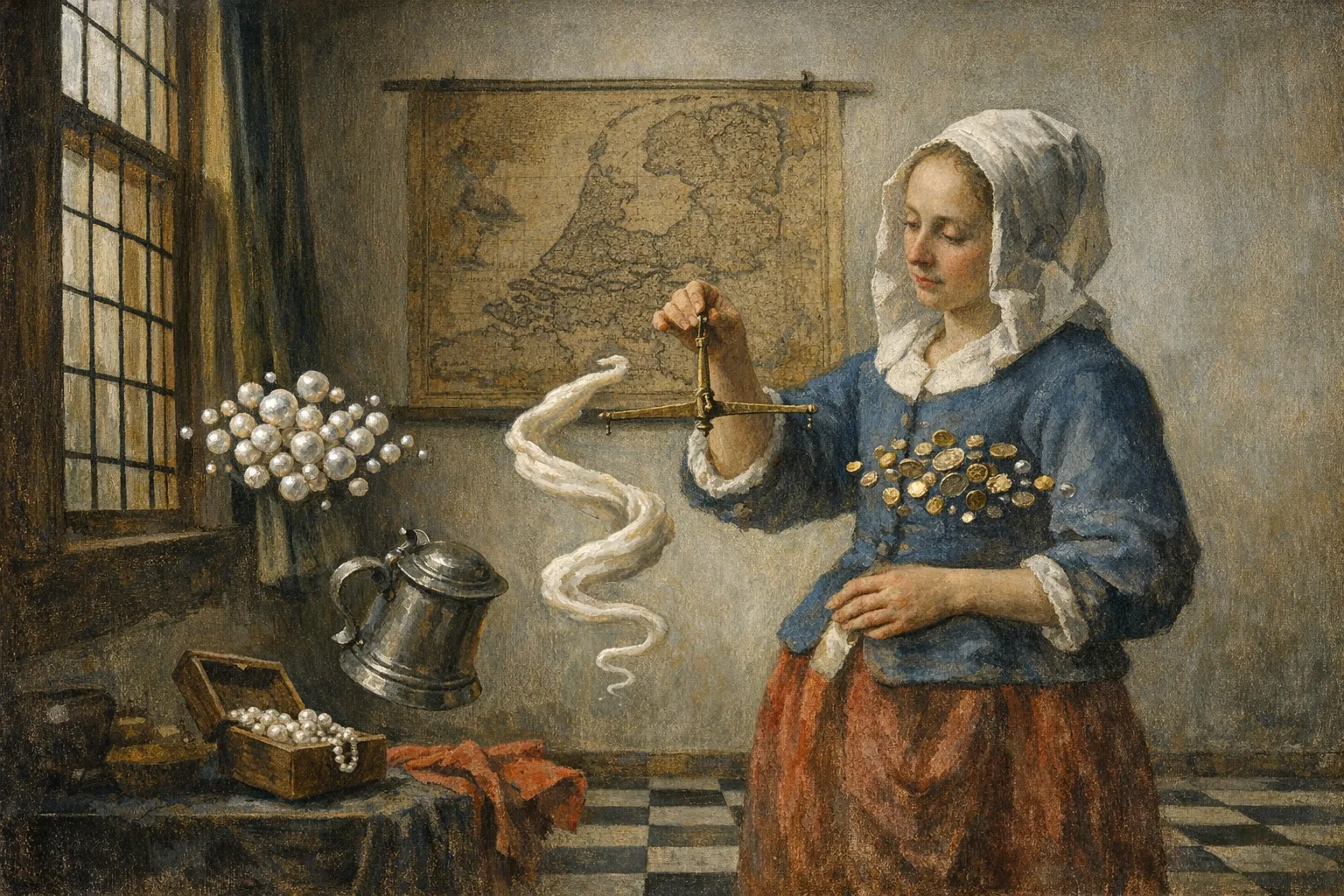 The Weighing — Dutch Golden Age domestic interior × zero gravity