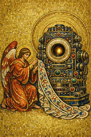 Annunciation of the Prompt — Byzantine mosaic icon × domestic machinery