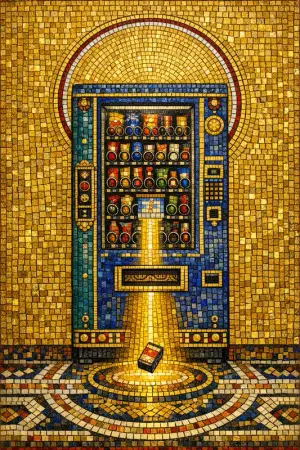Blessing of the Vending — Byzantine mosaic icon × domestic machinery