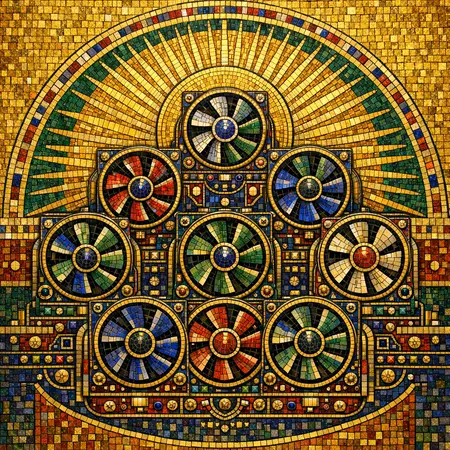 Choir of the Cooling Fans — Byzantine mosaic icon × domestic machinery