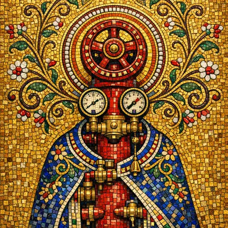 Deacon of the Dry Pipe — Byzantine mosaic icon × domestic machinery