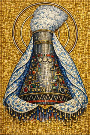 Our Lady of the Cooling Tower — Byzantine mosaic icon × domestic machinery