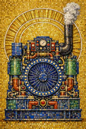 Pantocrator of the Generator — Byzantine mosaic icon × domestic machinery