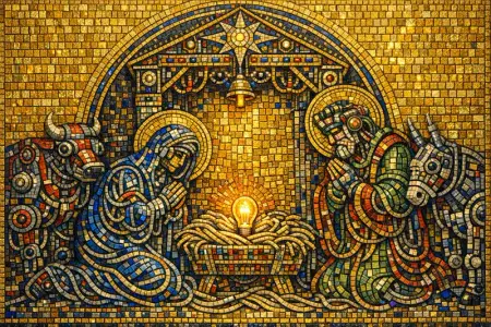 The Cable Nativity — Byzantine mosaic icon × domestic machinery