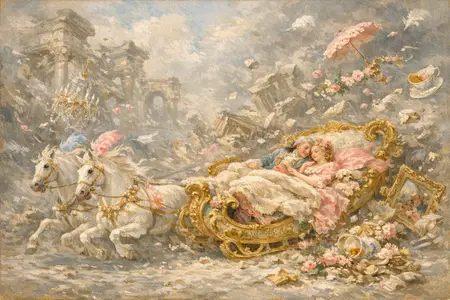 Ash Snow Sleigh — French Rococo pastel × serene catastrophe