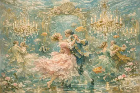 Ballroom Underwater — French Rococo pastel × serene catastrophe