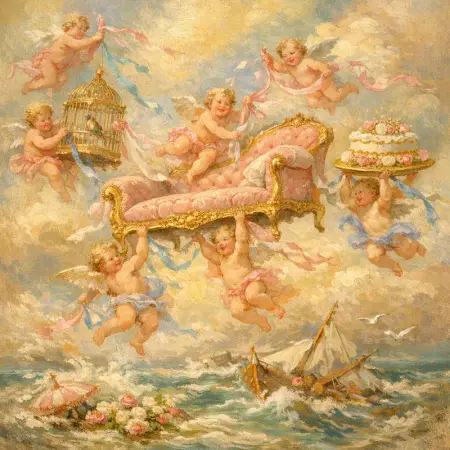 Cherub Evacuation — French Rococo pastel × serene catastrophe
