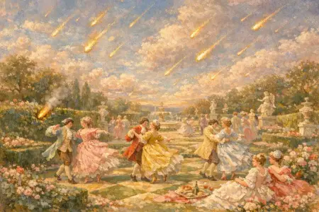 Meteor Garden Party — French Rococo pastel × serene catastrophe
