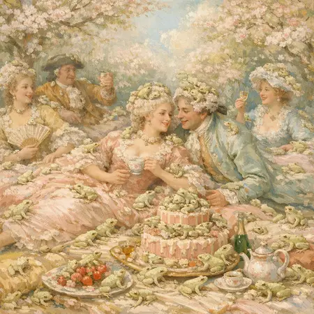 Plague of Frogs — French Rococo pastel × serene catastrophe