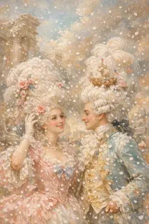 Powdered Wigs — French Rococo pastel × serene catastrophe