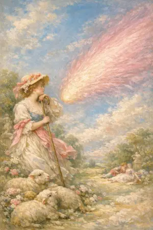 Shepherdess of the Comet — French Rococo pastel × serene catastrophe