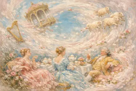 Tea in the Tornado — French Rococo pastel × serene catastrophe