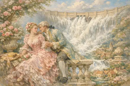 The Dam That Is Going — French Rococo pastel × serene catastrophe