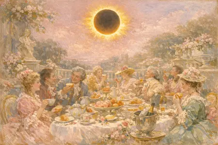 The Eclipse Breakfast — French Rococo pastel × serene catastrophe