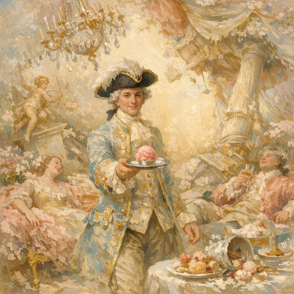 The Final Sorbet — French Rococo pastel × serene catastrophe