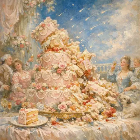 The Last Cake — French Rococo pastel × serene catastrophe