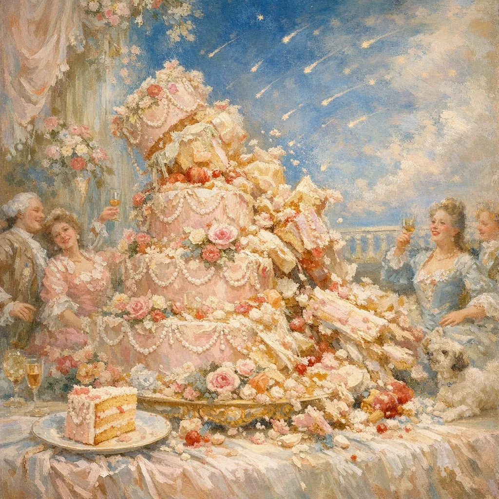 The Last Cake — French Rococo pastel × serene catastrophe