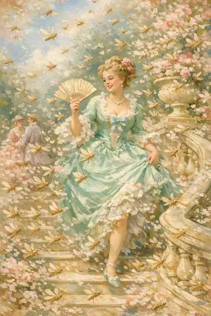 The Locust Ball — French Rococo pastel × serene catastrophe