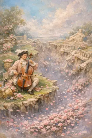 The Sinkhole Serenade — French Rococo pastel × serene catastrophe