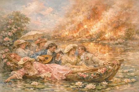 Wildfire Boating Party — French Rococo pastel × serene catastrophe