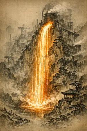 Slag Falls of Light — Song dynasty ink landscape × heavy industry