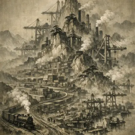 Terraces of the Railyard — Song dynasty ink landscape × heavy industry