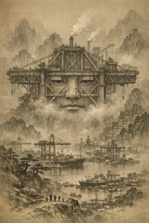 The Crane That Is Looking — Song dynasty ink landscape × heavy industry