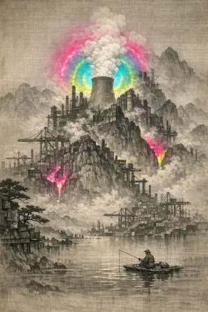 The Refinery Bloom — Song dynasty ink landscape × heavy industry