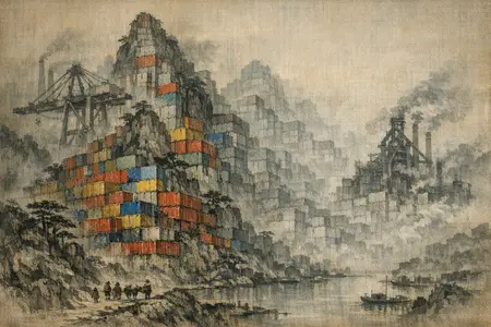The Spectral Container Wall — Song dynasty ink landscape × heavy industry