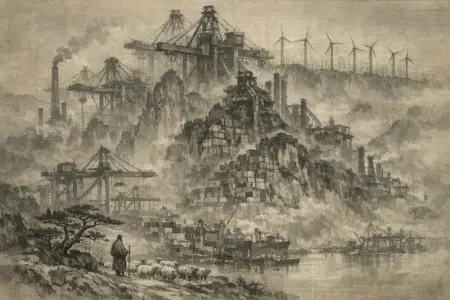 Wind Among the Turbines — Song dynasty ink landscape × heavy industry