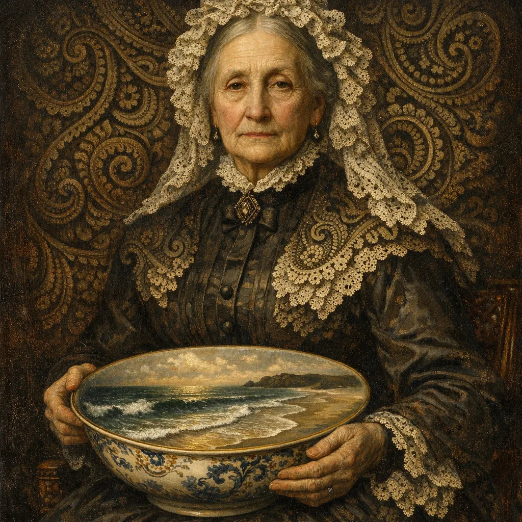 Spinster With a Tide — Victorian salon portraiture × occult psychedelia