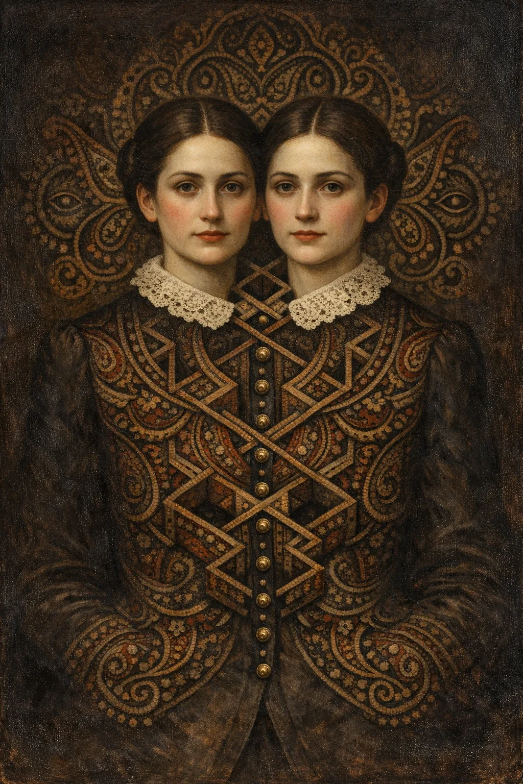 Twins in One Coat — Victorian salon portraiture × occult psychedelia