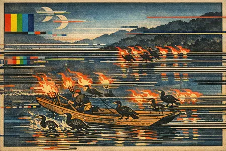 Cormorant Fishing, Ghosted — Japanese ukiyo-e woodblock × broken CRT transmission