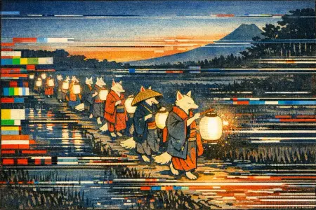 Fox Wedding Broadcast — Japanese ukiyo-e woodblock × broken CRT transmission