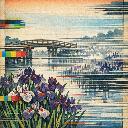 Iris Garden, Degrading — Japanese ukiyo-e woodblock × broken CRT transmission