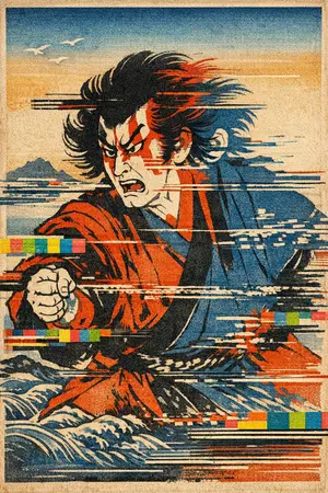 The Actor in Three Colours — Japanese ukiyo-e woodblock × broken CRT transmission
