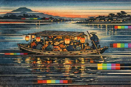 The Night Ferry — Japanese ukiyo-e woodblock × broken CRT transmission