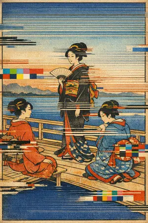 The Tea House — Japanese ukiyo-e woodblock × broken CRT transmission