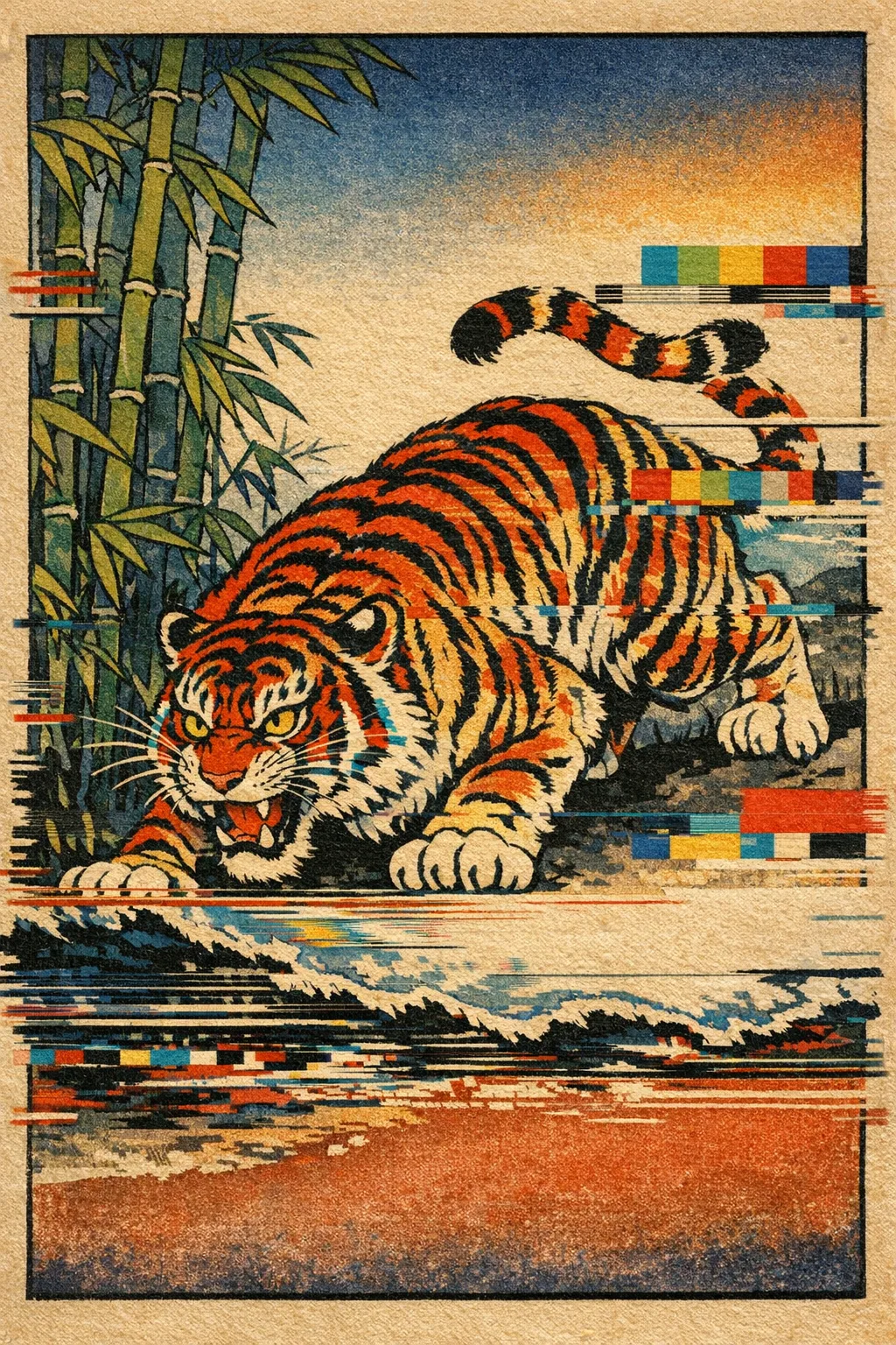Tiger in the Interference — Japanese ukiyo-e woodblock × broken CRT transmission