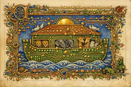 Ark Motherboard — Medieval illuminated manuscript × printed circuit boards