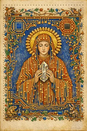 Saint of the Oscillator — Medieval illuminated manuscript × printed circuit boards
