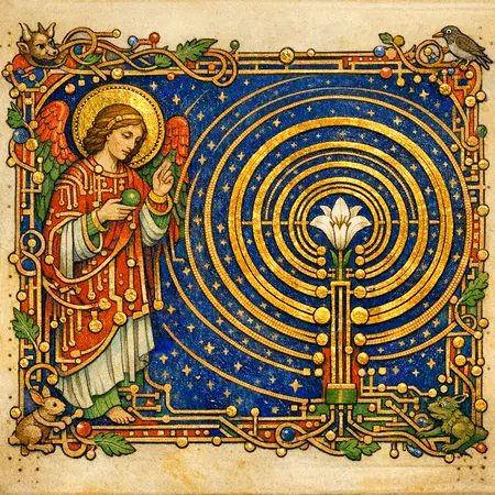 The Antenna Annunciate — Medieval illuminated manuscript × printed circuit boards