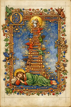 The Via Ladder — Medieval illuminated manuscript × printed circuit boards