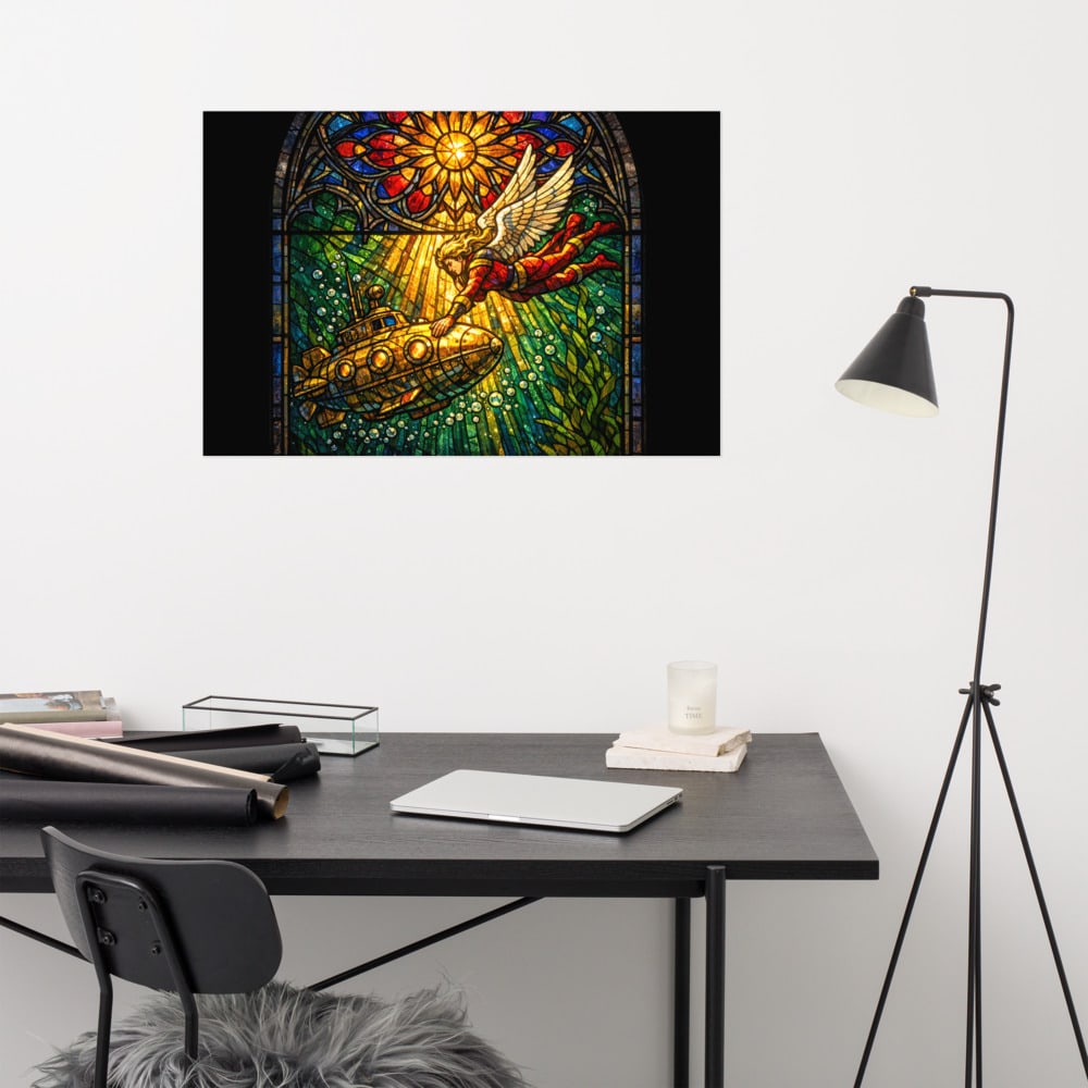 Submarine Annunciation printed and photographed on a wall