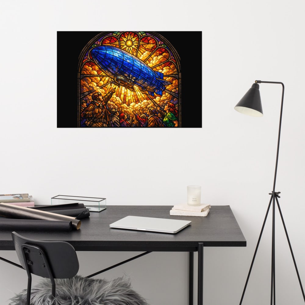 The Dirigible Visitation printed and photographed on a wall