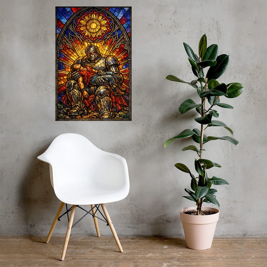The Robot Pietà printed and photographed on a wall