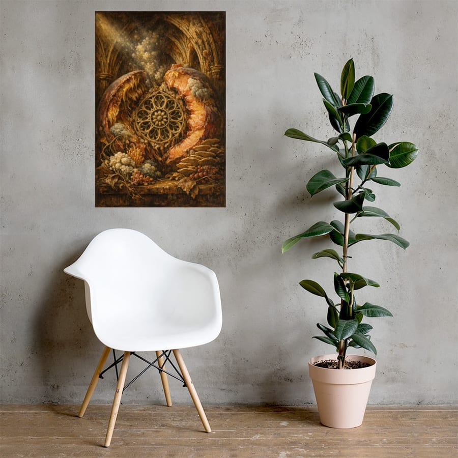 Peach Cathedral printed and photographed on a wall
